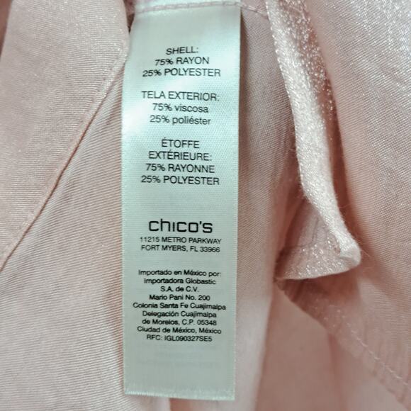 Chico's Shirt Top 1 M Shimmery Metallic Long Sleeve Button Down Casual Pink - Picture 9 of 10